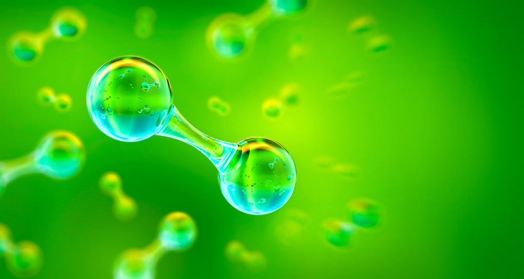 Green Hydrogen H2 gas molecule. Production of green hydrogen energy powered by renewable electricity, sustainable alternative clean hydrogen H2 eco energy, the fuel of th future industry 3D background